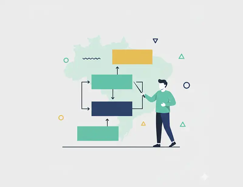 Ilustração do Framework Metodologia R.A.N.K. sobreposta ao mapa do Brasil, com fluxograma de processos e especialista em SEO Local apresentando a estratégia de escala.