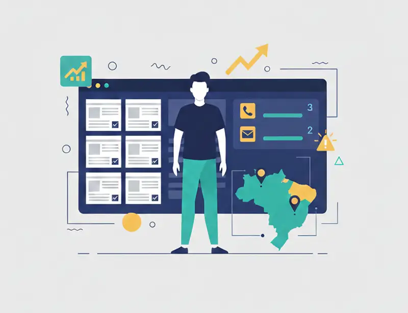 Ilustração do Rankito CRM mostrando um consultor gerenciando operações de Rank & Rent e SEO Local no Brasil, com painéis de métricas e alertas de leads.