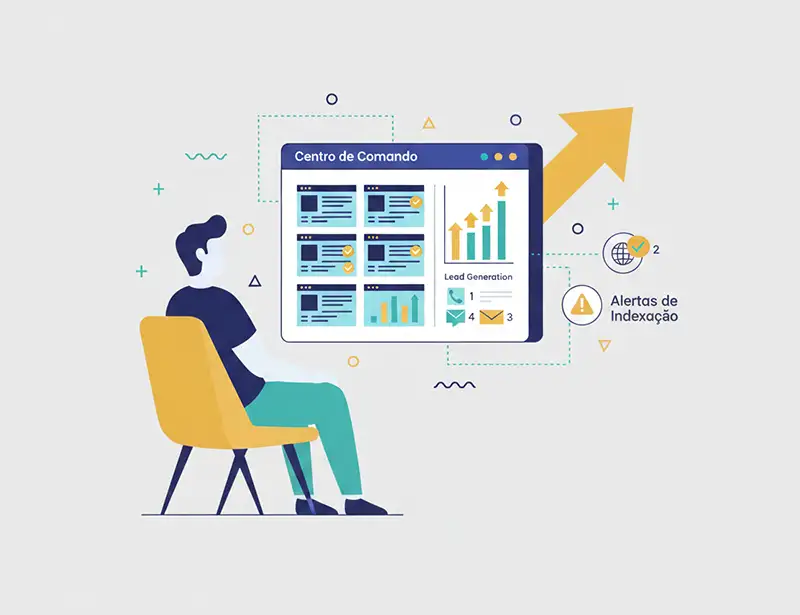 Dashboard do Rankito CRM (Centro de Comando) mostrando análise de gestão de portfólio de SEO e geração de leads, com alertas de indexação e métricas de desempenho.