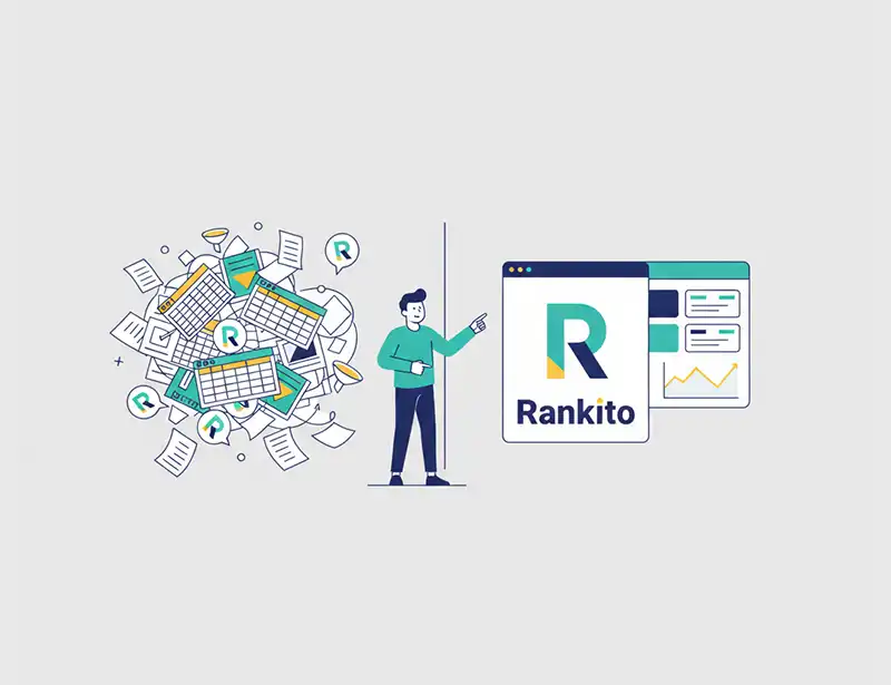 Ilustração comparativa entre planilhas desorganizadas (Caos) e o software Rankito CRM (Ordem), destacando a superioridade da plataforma para gestão de agências de SEO.